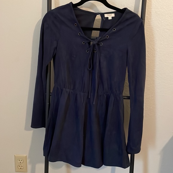 Super SOFT suede-like blue tunic with cinched waist and laced-neck detail - Picture 2 of 7